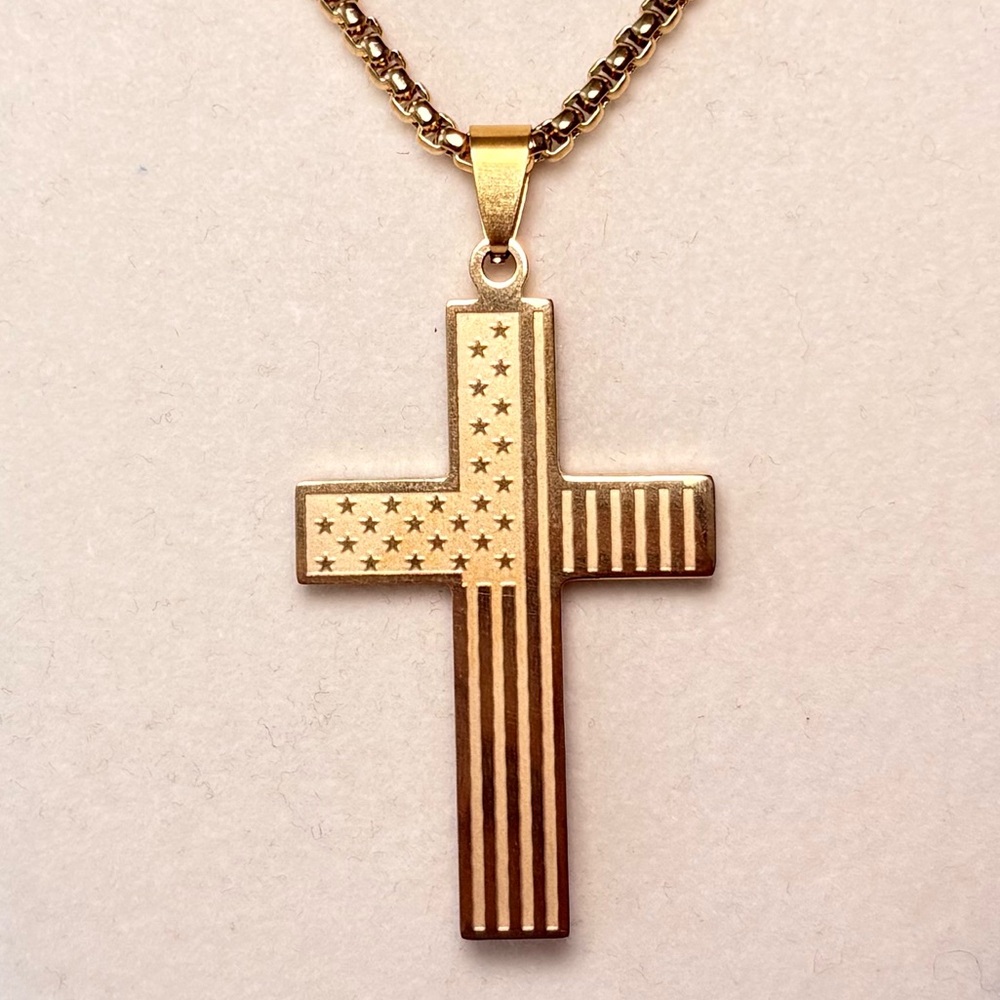 Gold Cross With American Flag Necklace